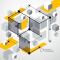 Abstract creative geometric art with a variety of geometric elements yellow background, vector illustration. Perspective blueprint