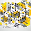 Abstract creative geometric art with a variety of geometric elements yellow background, vector illustration. Perspective blueprint