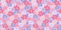 Abstract creative groovy flowers seamless pattern on a purple background. Vector hand drawn shapes, ditsy meadow.