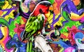 Abstract creative illustration with colorful parrot on a branch