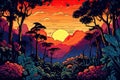 Abstract creative illustration of jungle with sunset