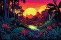 Abstract creative illustration of jungle with sunset