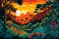 Abstract creative illustration of jungle with sunset