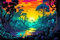 Abstract creative illustration of jungle with sunset