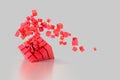 Abstract creative modern red and white 3D background a three-dimensional cube lying on its side and exploding small cube Royalty Free Stock Photo