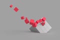 Abstract creative modern red and white 3D background a three-dimensional cube lying on its side and exploding small cube