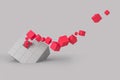 Abstract creative modern red and white 3D background a three-dimensional cube lying on its side and exploding small cube Royalty Free Stock Photo