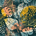 Abstract creative seamless pattern with tropical plants and artistic background.