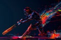 Abstract cricket player hit with a focus on a dynamic stride and energy and motion, Colorful poster