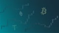 Abstract cryptocurrency blue background with graphs and symbols.