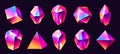 Abstract crystals. Magic jewel stones with rainbow reflections, glossy polyhedral prismatic elements cartoon style