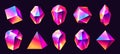 Abstract crystals. Magic jewel stones with rainbow reflections, glossy polyhedral prismatic elements cartoon style. Vector