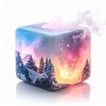 Abstract Cube Displaying Winter Landscape and Cosmic Nebula on White Background Royalty Free Stock Photo
