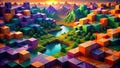 Abstract cube landscape with serene lakes and forests at sunset. Generative AI Royalty Free Stock Photo