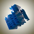 Abstract cube made of blue color plates on a gray background. 3d rendering. Innovative impressive technologies