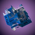 Abstract cube made of blue color plates on a purple background. 3d rendering. Innovative impressive technologies