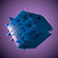 Abstract cube made of blue color plates on a purple background. 3d rendering. Innovative impressive technologies Royalty Free Stock Photo