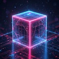 Abstract cube with neon pink and blue lines glows on dark tech background with circuits. Digital data, network, futuristic design Royalty Free Stock Photo