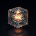 An abstract cube structure displaying intricate neon-like light formations within, Royalty Free Stock Photo