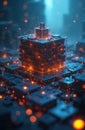 Abstract cube structure glows with orange light on dark digital surface. Data flows like sparks in a futuristic cyberspace Royalty Free Stock Photo