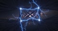 Abstract cube structure with lightning in dark space background Royalty Free Stock Photo