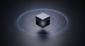 Abstract cube surrounded by glowing particles for technology design and modern background use case Royalty Free Stock Photo