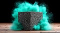 Abstract cube with turquoise explosion, textured 3D render with dynamic particle effects Royalty Free Stock Photo