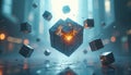 Abstract cubes assemble in mid-air with glowing orange energy. Futuristic digital blocks float and connect creating complex Royalty Free Stock Photo
