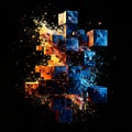 Abstract Cubes Exploding With Fiery Orange And Cool Blue Particles Against Black Background Royalty Free Stock Photo
