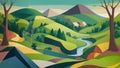 An abstract, Cubist landscape image showcasing a rolling countryside with trees,