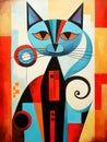 Abstract cubist painting of a cat. A vibrant piece of art featuring a stylized cat painted in a Cubist style using vibrant colors