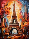 Abstract cubistic oil Painting of the Eiffel Tower in Paris