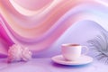 Abstract cup of coffee on minimal table and swirling wallpaper. Surreal modern art Fantasy and dreamy. Futuristic atmosphere