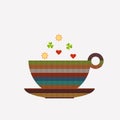Abstract Cup Of Coffee / Tea, Made Of Colorful Knitted Pattern With Hearts, Suns And Shamrocks
