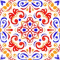 Abstract curl watercolor tile ornament with bright colors - yellow, red, blue. Seamless pattern on a white background. Royalty Free Stock Photo