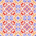 Abstract curl watercolor tile ornament with bright colors - yellow, red, blue. Seamless pattern on a white background. Royalty Free Stock Photo