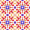 Abstract curl watercolor tile ornament with bright colors - yellow, red, blue. Seamless pattern on a white background. Royalty Free Stock Photo