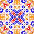 Abstract curl watercolor tile ornament with bright colors - yellow, red, blue. Seamless pattern on a white background. Royalty Free Stock Photo