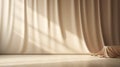 Abstract curtains interior design. Light empty beige podium background.