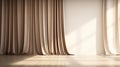 Abstract curtains interior design. Light empty beige podium background.