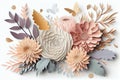 Abstract cut paper flowers isolated on white, botanical background, festive floral arrangement. Rose, daisy, dahlia Royalty Free Stock Photo