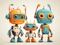 abstract cute cartoon childish robots. Colorful kid cyborgs, retro, futuristic modern bots, smiling characters. Isolated