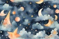 abstract Cute childish watercolor moon, star, sky night element Royalty Free Stock Photo