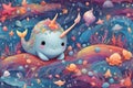 abstract Cute narwhal under the sea with pearl shell and starfish in rainbow colorful Royalty Free Stock Photo