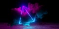 Abstract cyan blue and pink neon glowing wireframe pyramid with large smoke cloud and rough shiny floor