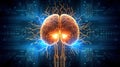 Abstract cyber image of a brain with glowing neurons on circuit board background - generative ai