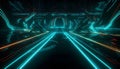 Abstract cyber neon travel hyperspace glowing line with high speed future alien world spacecraft