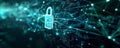 Abstract cyber security background featuring a digital lock, binary code streams, and Royalty Free Stock Photo