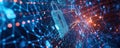 Abstract cyber security background featuring a digital lock, binary code streams, and Royalty Free Stock Photo