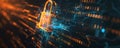 Abstract cyber security background featuring a glowing padlock, binary code, and interconnected Royalty Free Stock Photo